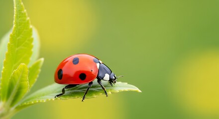 Naklejka premium A ladybug rests on a vibrant green leaf, its red shell speckled with black spots.