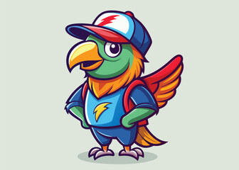 Playful Parrot Wearing Tilted Baseball Cap Vibrant Vector Bird in Urban Street Style with Bold Tropical Design 