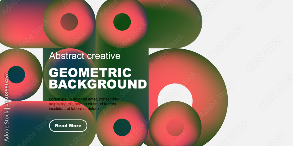 Poster abstract geometric shapes overlap, creating vibrant color gradients. text promotes design concept wi
