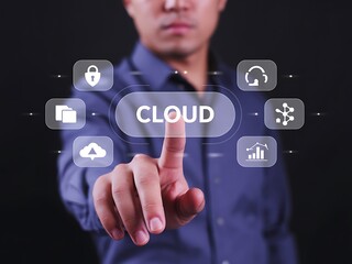 Person touching cloud technology interface with digital icons finger