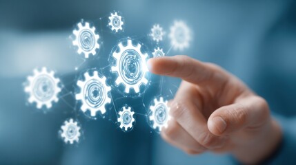 A fingertip interacts with a holographic projection of interconnected gears, symbolizing complex systems and intricate processes