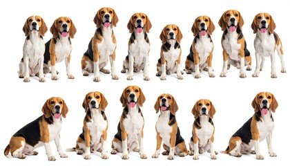 Twelve beagles posed in various positions against a white backdrop
