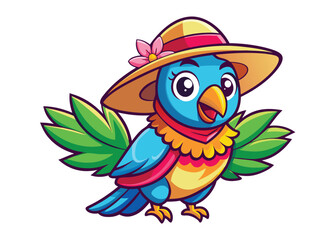 Tropical Parrot in Wide Brimmed Sunhat Sunny Vector Bird Adorned with Flowers & Ribbon Band 