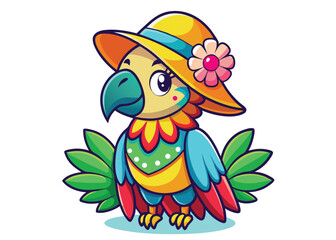 Tropical Parrot in Wide Brimmed Sunhat Sunny Vector Bird Adorned with Flowers & Ribbon Band 