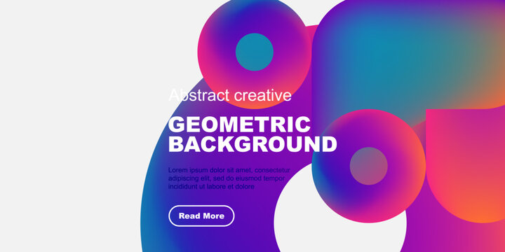Vibrant abstract shapes overlap white space. Bold text promotes geometric background with call to action button. Modern design.