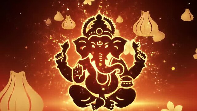 Digital vector-style Lord Ganesha silhouette glowing with gold particles, festive orange and red gradiated background