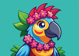 Vibrant Parrot in Tropical Blossom Crown Festive Vector Mascot for Summer Branding and Design 