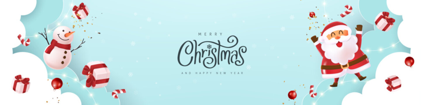 Christmas greeting card banner background template with Merry Christmas calligraphy and Cute Santa Claus snowman gift boxes and candy canes on blue cloud background