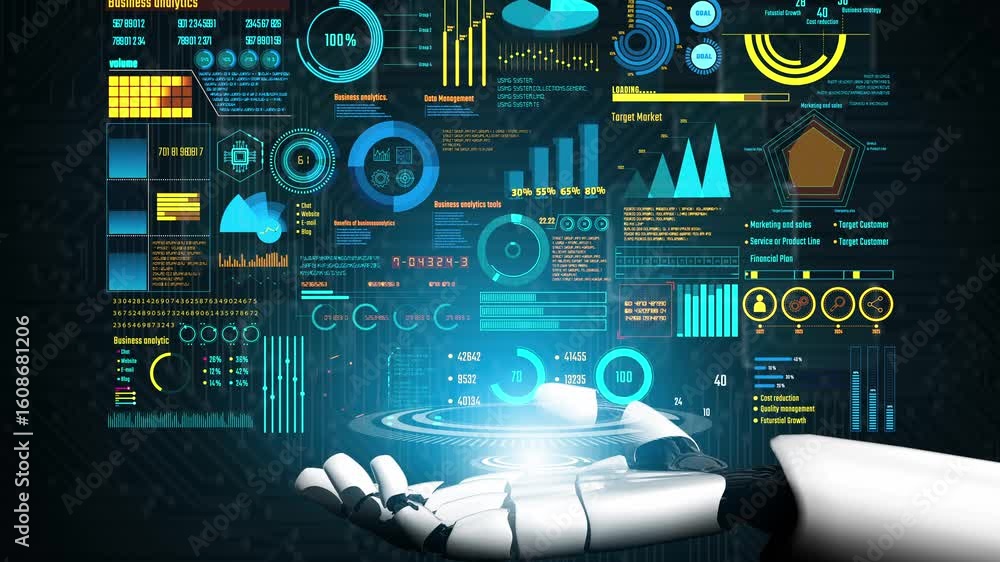 Poster ai artificial intelligence drives data analytics with predictive models, smart dashboards, and virtu
