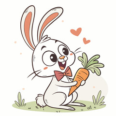 Cute cartoon rabbit holding a carrot in a happy spring illustration