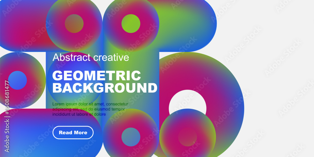 Poster vibrant circles overlap, creating colorful abstract geometric background. text promotes further expl