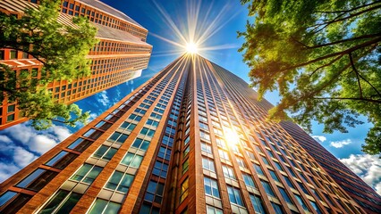 Skyscraper reaching for the sky with sunburst and blue sky background