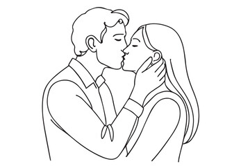 A minimalist black and white vector of a couple kissing, outlined in bold black lines, capturing romantic Valentine’s moment with simple, elegant emotional expression.

