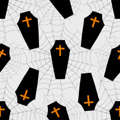 Seamless Halloween pattern featuring black coffins with orange crosses on a white spiderweb background.
