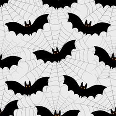Seamless Halloween pattern with flying black bats and spiderwebs, ideal for spooky decorations.
