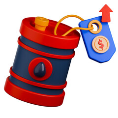 Oil price crisis 3d illustration. Oil barrel with a price tag showing an upward arrow and dollar coin.
