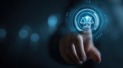 A finger points to a digital scales-of-justice icon, symbolizing legal tech and digital justice