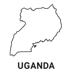 A stylized Uganda map in black and white vector form, surrounded by clear black outlines that capture the country’s natural borders and compact geographic shape.