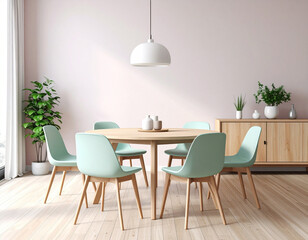 Modern dining room setup with mint green chairs and natural light in a minimalist home environment
