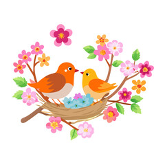Colorful Illustration Of Two Robins Birds Sitting On A Branch

