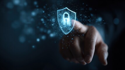 Glowing blue security shield icon, fingertip touching, data protection theme