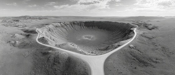 High-Quality Expansive Meteor Crater Aerial View with Winding Road in Arid Landscape for Education and Travel Adventure Marketing Content