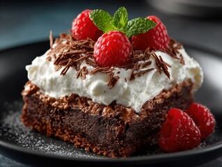Decadent Chocolate Brownie with Whipped Cream and Raspberries Premium Gourmet Dessert for Modern Millennial Marketing and Social Media Campaigns