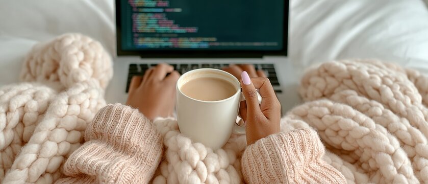 Professional coder working late with laptop and coffee in cozy environment modern authentic digital innovation content for tech marketing campaigns