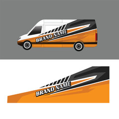 van livery design with sharp black, yellow, and white graphics. The dynamic layout enhances speed and motion, making it perfect for branding delivery services © rina
