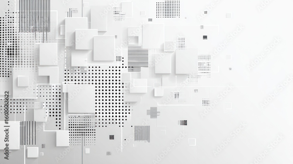 Poster abstract, geometric composition with floating white squares and halftone textures in grayscale