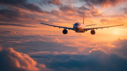 Airplane soaring above colorful clouds at sunset