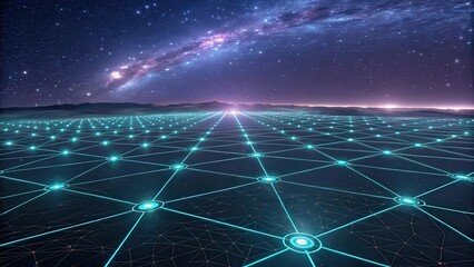 Futuristic network grid landscape with stars and galaxy background for technology concept design