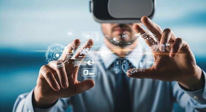 A man wearing a vr headset interacts with a digital interface, representing virtual reality technology and immersive experiences - Powered by Adobe