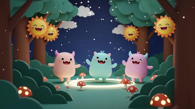 Three cheerful monsters enjoying a sunny day with stars, moons, and suns. Perfect for childrens illustrations, greeting cards, and posters.