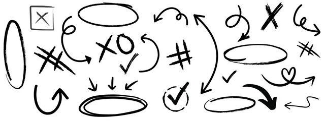 black pencil hand drawn various oval, chalked arrows, check  marks. Vector doodle marker drawing. Hand drawn charcoal symbols for diagrams. Freehand grunge red strikethrough and underline .
