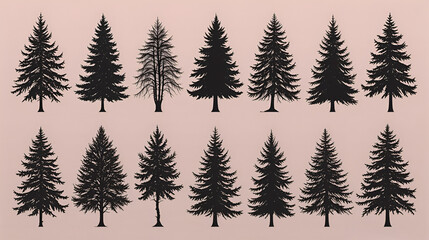 Collection of various evergreen tree silhouettes