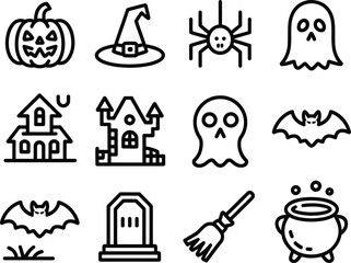 Collection of halloween icons including pumpkin ghost witch hat spider bat haunted house tombstone and cauldron