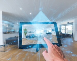 Modern Digital Tablet Displaying 360 Degree Virtual Real Estate Tour in Living Room Premium Tech Content for Professional Property Marketing Campaigns