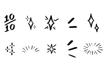 Set of comic manga hand drawn line elements. Comic effect shape. Character graphic movement effects emotion. Doodle shine sunburst sparkle ray, flash, exploding shapes 