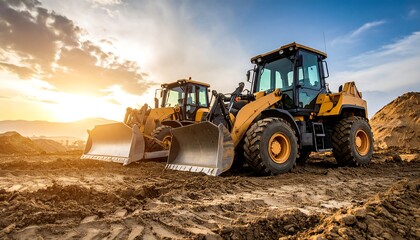 Two heavy-duty excavators on a construction site at sunset