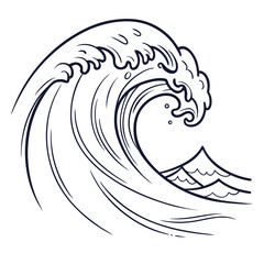 Stylized line art drawing of a large crashing ocean wave with foam and spray