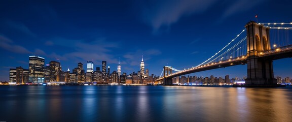nighttime panoramic view of a modern city skyline with illuminated bridge over calm water