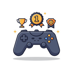 Gaming Achievement Illustration with Controller Trophy and Number One Badge