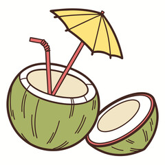 Refreshing green coconut drink with a straw and a yellow umbrella