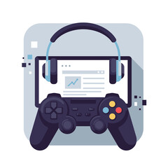 Gaming setup with controller headphones and screen for online streaming or esports