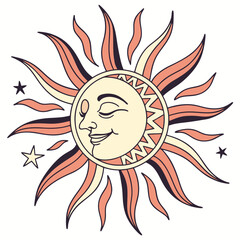 Bohemian sun face with stars and rays in warm colors