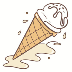 Cute illustration of a melting vanilla ice cream cone dripping onto a white background