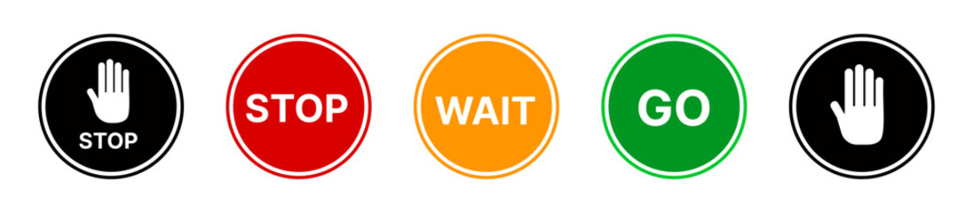 Stop, Wait, and Go Road Sign Vector Set – Traffic Safety Symbols with Alert and Forbidden Icons – Red Stop Sign Isolated.