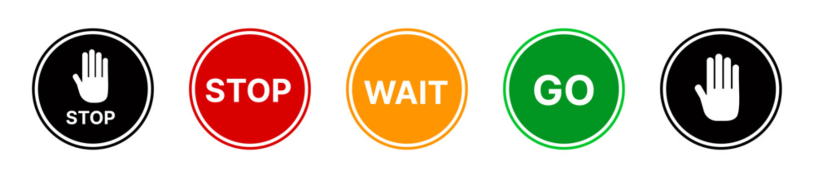 Stop, Wait, and Go Road Sign Vector Set &ndash; Traffic Safety Symbols with Alert and Forbidden Icons &ndash; Red Stop Sign Isolated.