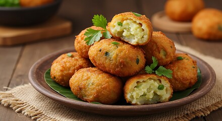 Golden Fried Potato Balls Stacked on Plate with Parsley